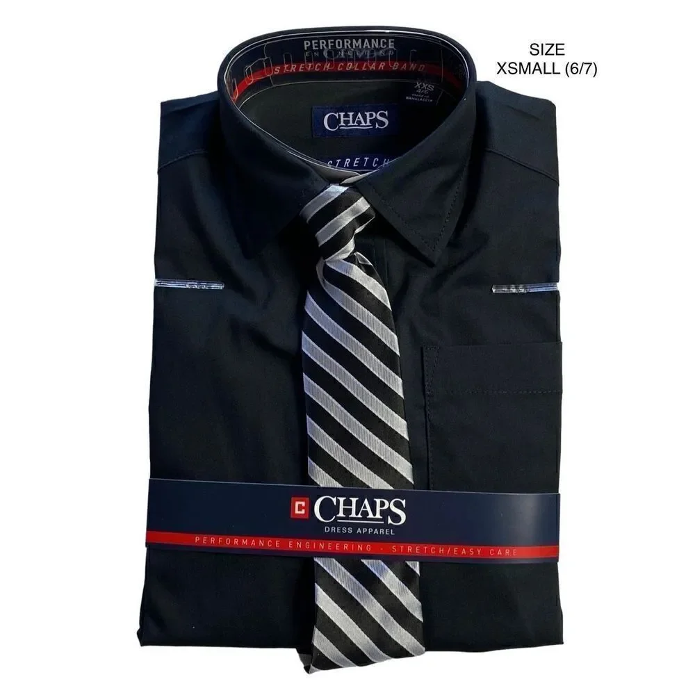CHAPS BOYS XSMALL (6/7) BLACK SHIRT AND TIE SET